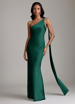 Azazie Galinda Brudtärnklänningar Klä av Sjöjungfru i Stretch Satin Ena axeln Smaragdgrön image4