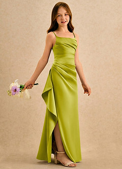 Azazie Cannoli Girls Formal Robe Demoiselle D'honneur Fillette Robe Trapèze en Mat Satiné Plissée Citronnelle image1