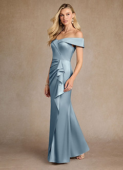 Azazie Laredo Mother of the Bride Dresses Dusty Blue Mermaid Off the Shoulder Stretch Satin Dress image5