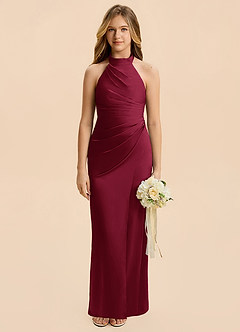 Azazie Jemma Junior Burgundy Sheath Ruched Stretch Satin Dress image1