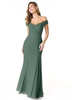Azazie Lecia Bridesmaid Dresses Sea Moss Empire Off-The-Shoulder Pleated Chiffon Convertible Dress image1