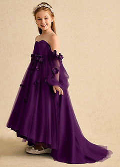 Azazie Karrie Flower Girl Dresses Grape A-Line with Sleeves Tulle Dress image3