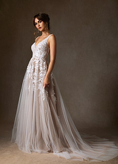 Azazie Sorella Wedding Dresses Diamond White Caramel A-Line V-Neck Sequins Tulle Dress image3