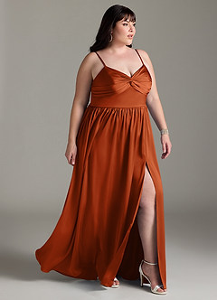 Azazie Zeya Vestidos de damas de honor Vestido de Naranja Quemada de Satén Elástico de Corte en A con Plisado image12