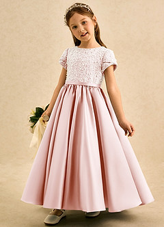 Azazie Cashew Abiti da Ragazza di Fiori Abito Principessa in Raso Opaco Con Maniche Rosa Rossore image3