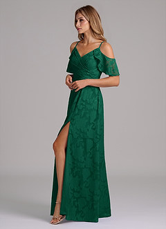 Azazie Dakota Bridesmaid Dresses Emerald A-Line Off the Shoulder Floral Burnout Dress image6