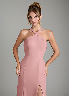 Azazie Rue Vestidos de damas de honor Vestido de Rosa Polvorienta de Gasa de Corte en A con Halter image3