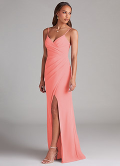 Azazie Maci Bridesmaid Dresses Coral Sheath Pleated Chiffon Dress image3