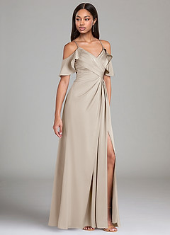 Azazie Dakota Bridesmaid Dresses Frost A-Line Off the Shoulder Stretch Satin Dress image1