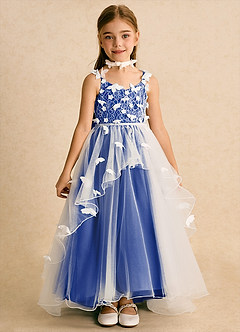Azazie Darlina Robe Demoiselle D'honneur Fillette Robe Princesse en Tulle Dentelle Ivoire Bleu Roi image4
