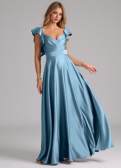 Azazie Leilani Bridesmaid Dresses Steel Blue A-Line Ruched Stretch Satin Dress image1