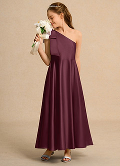 Azazie Guppy Girls Formal Flower Girl Dresses Cabernet A-Line One Shoulder Matte Satin Dress image4
