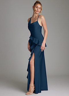 Azazie Jayda Bridesmaid Dresses Dark Navy A-Line Ruched Stretch Satin Dress image5