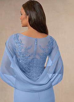 Azazie Hera At-home Try On Dresses Steel Blue A-Line Lace Capelet Chiffon Dress image4