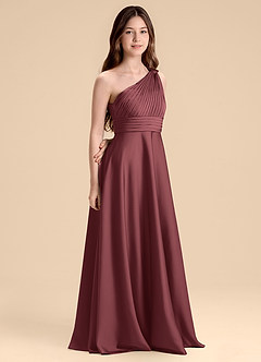 Azazie Charlize Junior Merlot A-Line Pleated Stretch Satin Dress image3