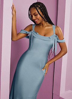 Barbie ♥ Azazie Bridesmaid Dresses Dusty Blue Sheath Pleated Stretch Satin Dress image14