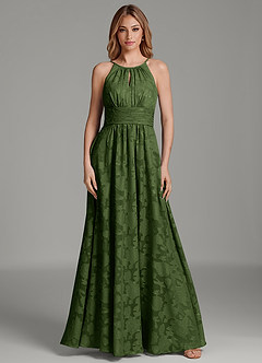 Azazie Bonnie Bridesmaid Dresses Olive A-Line Pleated Floral Burnout Dress image1