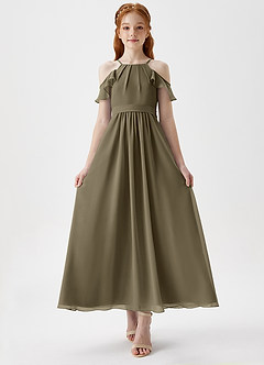 Azazie Chaya Junior Robe Trapèze en Mousseline de soie Épaule décolletée Vert Saule image4