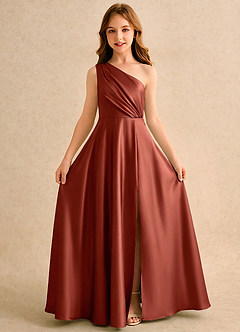 Azazie Puddles Girls Formal Abiti da Ragazza di Fiori Abito A-Line in Raso Elasticizzato Monospalla Terracotta image5