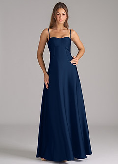 Azazie Valentine Vestidos de damas de honor Vestido de Azul Marino Oscuro de Satén Elástico de Corte en A con Corsé image3
