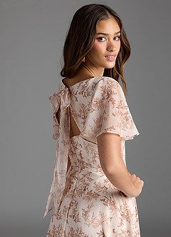 Azazie Kimber Bridesmaid Dresses Pink Fern Floral A-Line Flounce Sleeve Chiffon Dress image6
