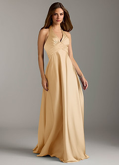 Azazie Tessie Bridesmaid Dresses Gold A-Line Pleated Stretch Satin Dress image1