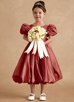 Azazie Jellybean Sukienki dla dziewczynek sypiących kwiaty Suknia balowa Marszczony Matowy satynowy Długość herbaty Sukienka image3