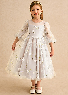 Azazie Elowen vestidos de niña de las flores Vestido Alabastro Blanco de Encaje de Línea A con Escote corazón image1
