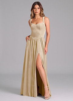 Azazie Francis Robes de demoiselle d'honneur Robe Trapèze en velours Corset Champagne image3