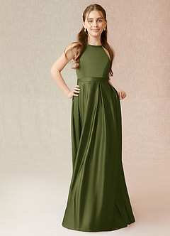 Azazie Arianthe Junior Olive A-Line with Pockets Stretch Satin Dress image4