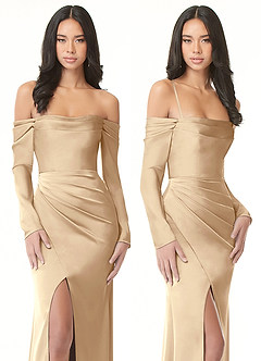 Azazie Hallie Bridesmaid Dresses Champagne Sheath Off-The-Shoulder Long Sleeve Stretch Satin Convertible Dress image9