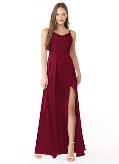Azazie Naomie Bridesmaid Dresses Burgundy A-Line Cowl Neckline Side Slit Stretch Satin Dress image1