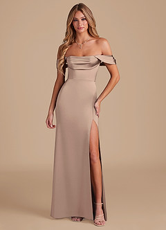 Azazie Saige Bridesmaid Dresses Taupe A-Line Off the Shoulder Metallic Satin Convertible Dress image5