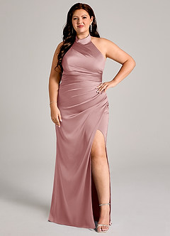 Azazie Jemma Robes de demoiselle d'honneur Robe Fourreau en Satin extensible Plissée Rose Poussiéreuse image10