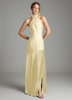 Azazie Nayeli Final Sale Lemon Sorbet A-Line Pleated Stretch Satin Dress image6