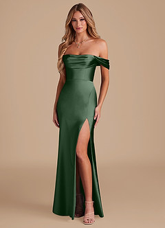 Azazie Saige Bridesmaid Dresses Eucalyptus A-Line Off the Shoulder Metallic Satin Convertible Dress image1