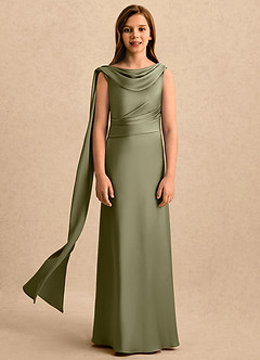Azazie Sanah Girls Formal 플라워 걸 드레스 A라인 플리츠 스트레치 새틴 플로어 길이 드레스 image4