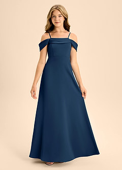 Azazie Anselie Junior Jurk van Stretch Satijn met A-Lijn Off the Shoulder Donkere Marine image7
