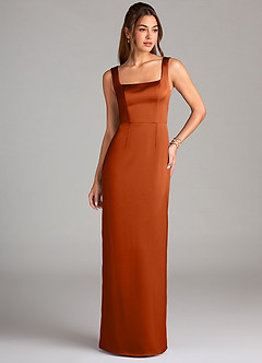 Azazie Flori Bridesmaid Dresses Burnt Orange Sheath Side Slit Stretch Satin Dress image1