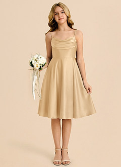 Azazie Bear Junior Robe Trapèze en Satin extensible Encolure en Forme de Cœur Or image6