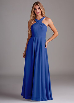 Azazie Dixie Vestidos de damas de honor Vestido de Azul Real de Gasa de Corte en A con Halter Plisado image1