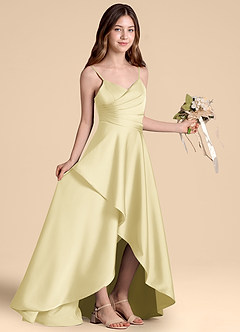 Azazie Prisha Junior Vestido de Sorbete De Limón de Satén Elástico de Corte en A con Plisado image8