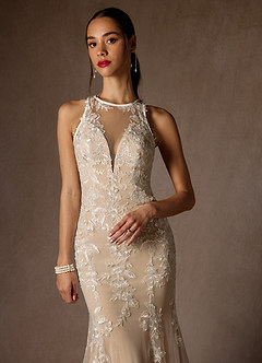 Azazie Sheila Vestidos de novia Vestido de Blanco Diamante Nude de Tul de Corte Sirena con Lentejuela image7