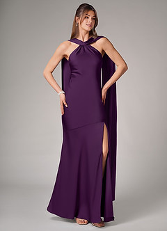 Azazie Kinsley Bridesmaid Dresses Grape Mermaid Side Slit Stretch Satin Dress image5