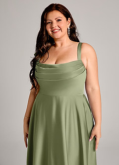Azazie Shaude Bridesmaid Dresses Garden Sage A-Line Pleated Stretch Satin Dress image10