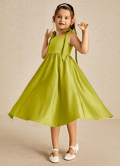 Azazie Chelsie vestidos de niña de las flores Vestido de Hierba De Limón de Satin Mate de Corte en A con Lazo image3