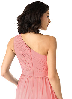Azazie Mathilda Bridesmaid Dresses Coral A-Line One Shoulder Chiffon Dress image5