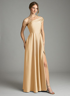 Azazie Melanie Vestidos de damas de honor Vestido de Oro de Satén Elástico de Corte en A con Vestidos sin tirantes image5