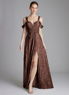Azazie Emoria Bridesmaid Dresses Chocolate Jacquard A-Line Off the Shoulder Jacquard Dress image1
