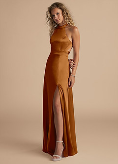 Azazie Clarice Robes de demoiselle d'honneur Robe Trapèze en Satiné métallisé Col Haut Cuivre image5